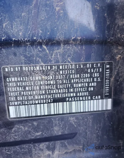 2013 Volkswagen Jetta Tdi z USA, uszkodzony, nr VIN 3VWPL7AJ0DM688247